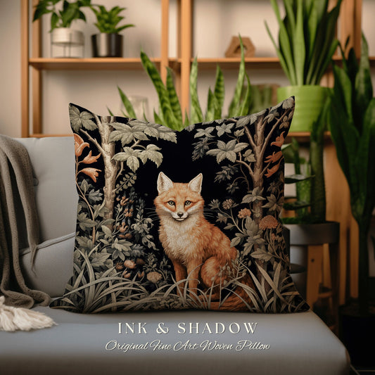 May include: A decorative square pillow featuring a detailed illustration of a fox in a forest setting. The pillow has a black background with trees, foliage, and the text "INK & SHADOW" and "Original Fine Art Woven Pillow". The fox is depicted in shades of orange and brown.