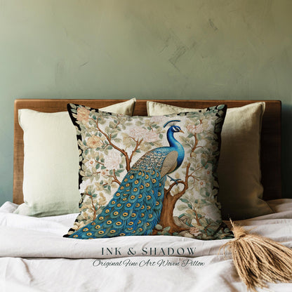 May include: A decorative pillow featuring a blue and green peacock with a detailed design of feathers and flowers. The pillow is labeled "INK & SHADOW Original Fine Art Woven Pillow".