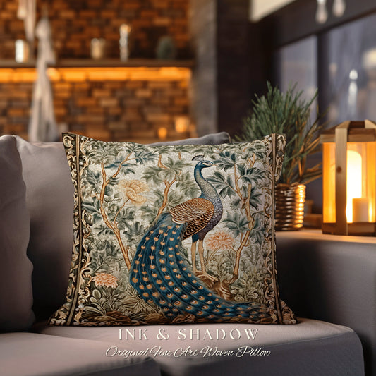 May include: A decorative throw pillow with a woven tapestry design featuring a peacock with a blue and green tail standing in a garden setting. The pillow has a black and gold border and the text "INK & SHADOW Original Fine Art Woven Pillow" is printed below the image.