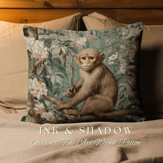 Floral Monkey Pillow Woven | Vintage Botanical Morris Inspired Tapestry Cushion Aesthetic Whimsical Floral Fairycore Jungle Style Home Decor