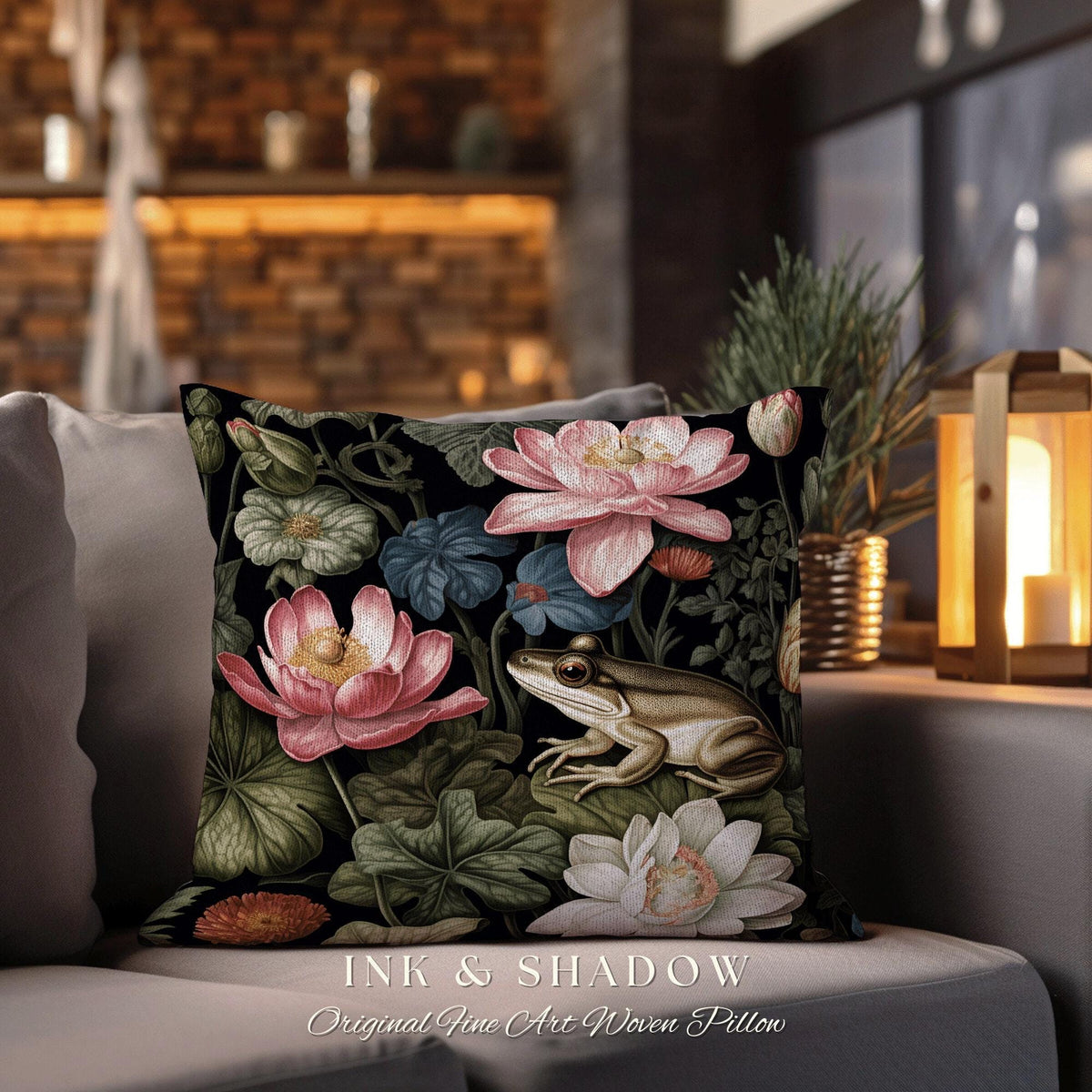 Floral Dark Cottagecore Frog Tapestry Cushion | Botanical Whimsigoth Art Woven Throw Pillow Vintage Nature Victorian Gothic Home Accent