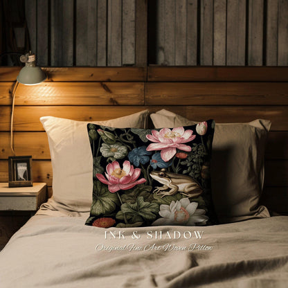 Floral Dark Cottagecore Frog Tapestry Cushion | Botanical Whimsigoth Art Woven Throw Pillow Vintage Nature Victorian Gothic Home Accent