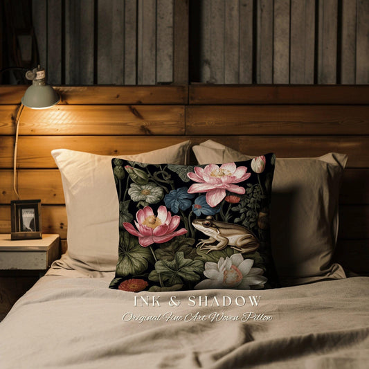 Floral Dark Cottagecore Frog Tapestry Cushion | Botanical Whimsigoth Art Woven Throw Pillow Vintage Nature Victorian Gothic Home Accent