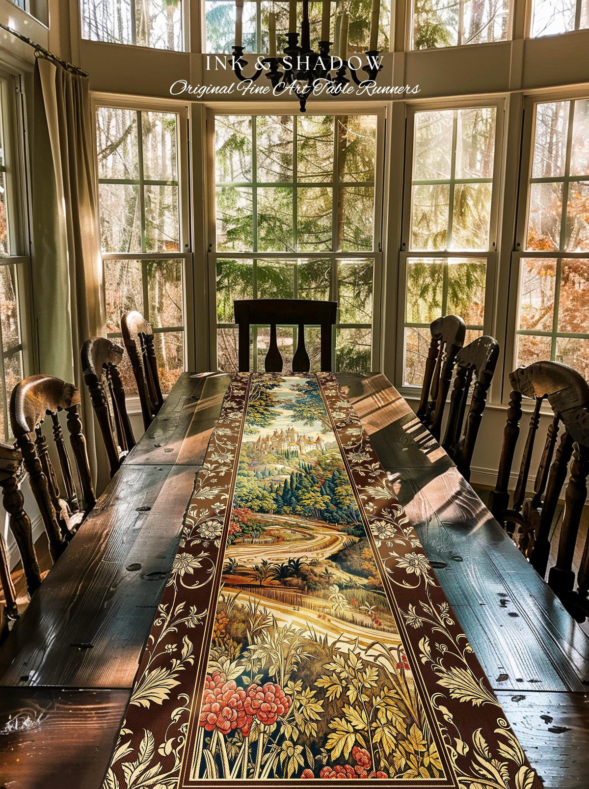 Book Nook Fairytale Castle Table Runner, Woodland Fairycore Bohemian Folklore Aesthetic Magical Landscape Forestcore Dark Academia Decor |
