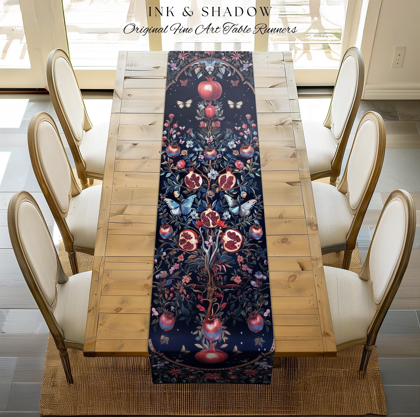 Moody Dark Botanical Pomegranate Art Table Runner Victorian Nouveau Butterfly Aesthetic, Mystic Woodland Whimsigoth Enchanted Forest Florals