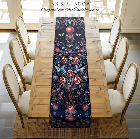 Moody Dark Botanical Pomegranate Art Table Runner Victorian Nouveau Butterfly Aesthetic, Mystic Woodland Whimsigoth Enchanted Forest Florals