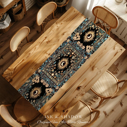Mystic Moon Dark Academia Table Runner | Celestial Tarot Inspired Gothic Maximalist Dining Table Runner Whimsical Astrology Ethereal Witchy