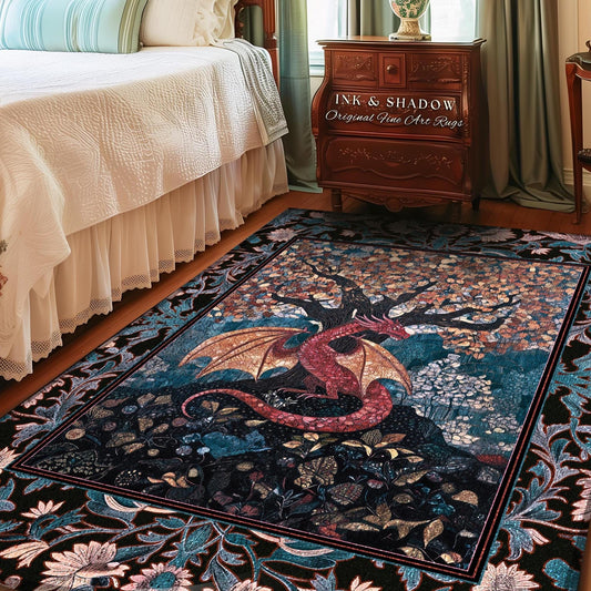 May include: A rectangular rug with a dragon design. The rug features a red dragon with orange wings, set against a backdrop of a tree and foliage in shades of blue, brown, and green. The border has a floral pattern.