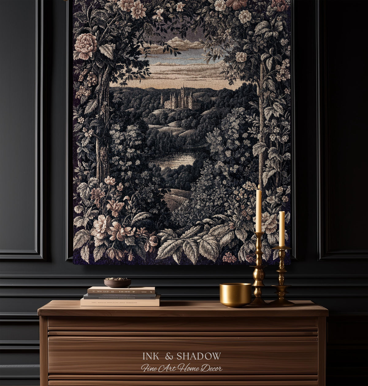 May include: A rectangular wall tapestry featuring a woven landscape scene of a distant castle surrounded by dense foliage, trees, and blooming flowers. The artwork is framed by a dark border and displays a muted color palette of deep greens, browns, and creams.