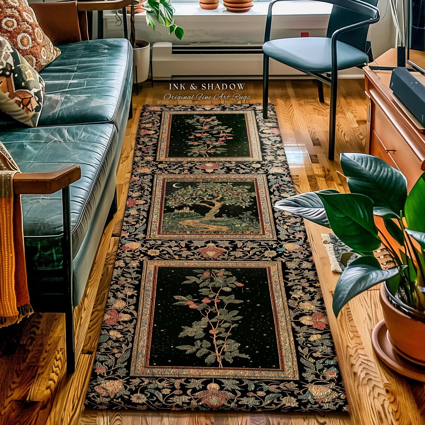 Moonlit Magic Whimsical Tree Area Rug | Celestial Forest Midnight Aesthetic Folklore Fairy Tale Decor Medieval Style Home Accent Celestial