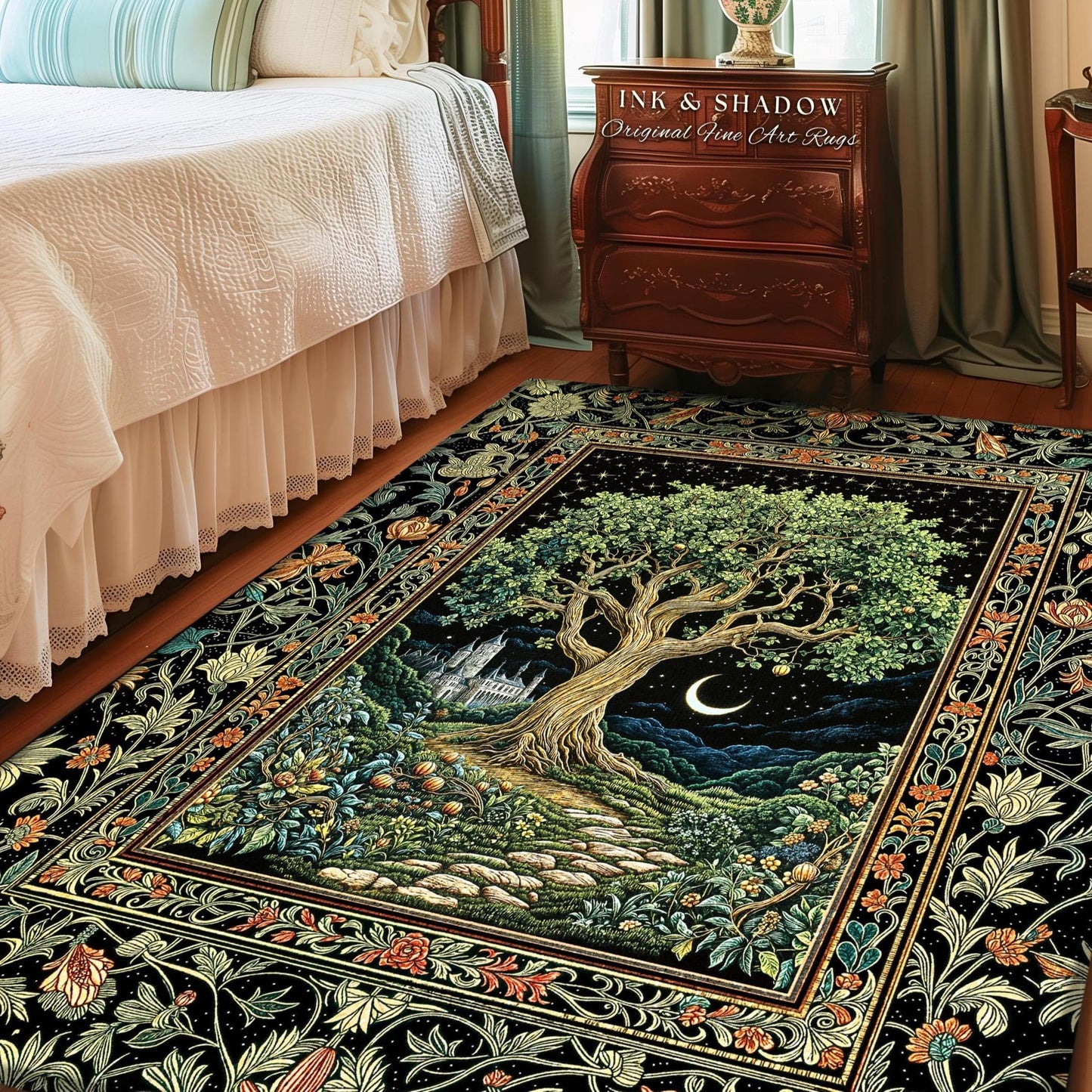 May include: A rectangular area rug with a detailed tree and castle design. The rug features a large tree with green leaves, a crescent moon, and a castle under a starry night sky. The border has floral patterns.