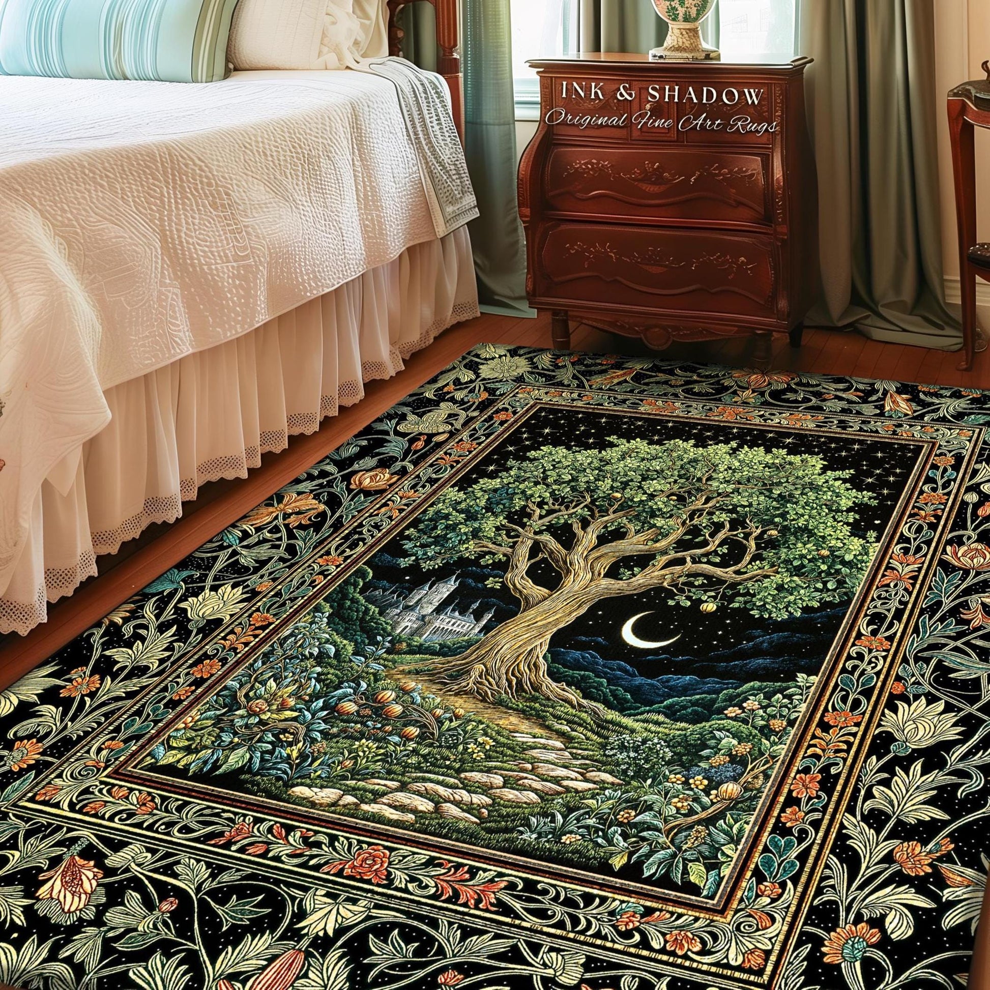 May include: A rectangular area rug with a detailed tree and castle design. The rug features a large tree with green leaves, a crescent moon, and a castle under a starry night sky. The border has floral patterns.
