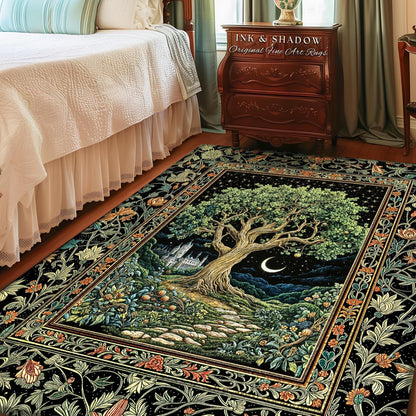 May include: A rectangular area rug with a detailed tree and castle design. The rug features a large tree with green leaves, a crescent moon, and a castle under a starry night sky. The border has floral patterns.