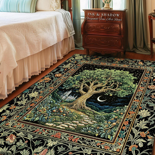 May include: A rectangular area rug with a detailed tree and castle design. The rug features a large tree with green leaves, a crescent moon, and a castle under a starry night sky. The border has floral patterns.