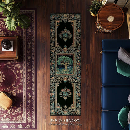 Fantasy Castle Tree of Life Area Rug | Celestial Moon Decor Star Garden Design Folklore Inspired Rug Enchanted Forest Medieval Home Style