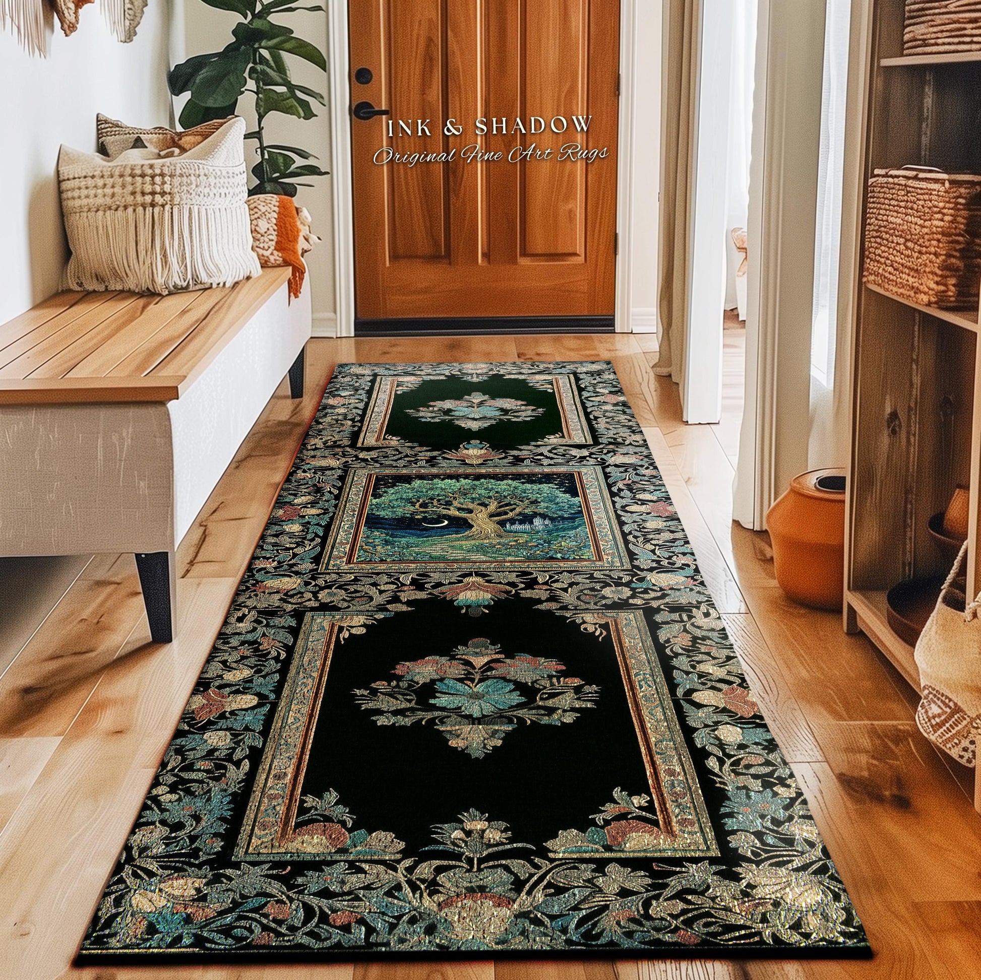 Fantasy Castle Tree of Life Area Rug | Celestial Moon Decor Star Garden Design Folklore Inspired Rug Enchanted Forest Medieval Home Style