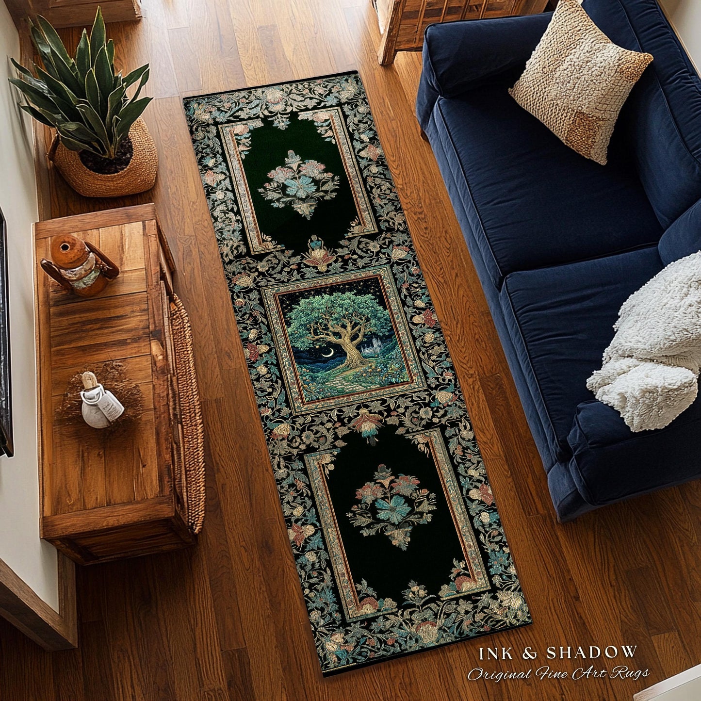 Fantasy Castle Tree of Life Area Rug | Celestial Moon Decor Star Garden Design Folklore Inspired Rug Enchanted Forest Medieval Home Style