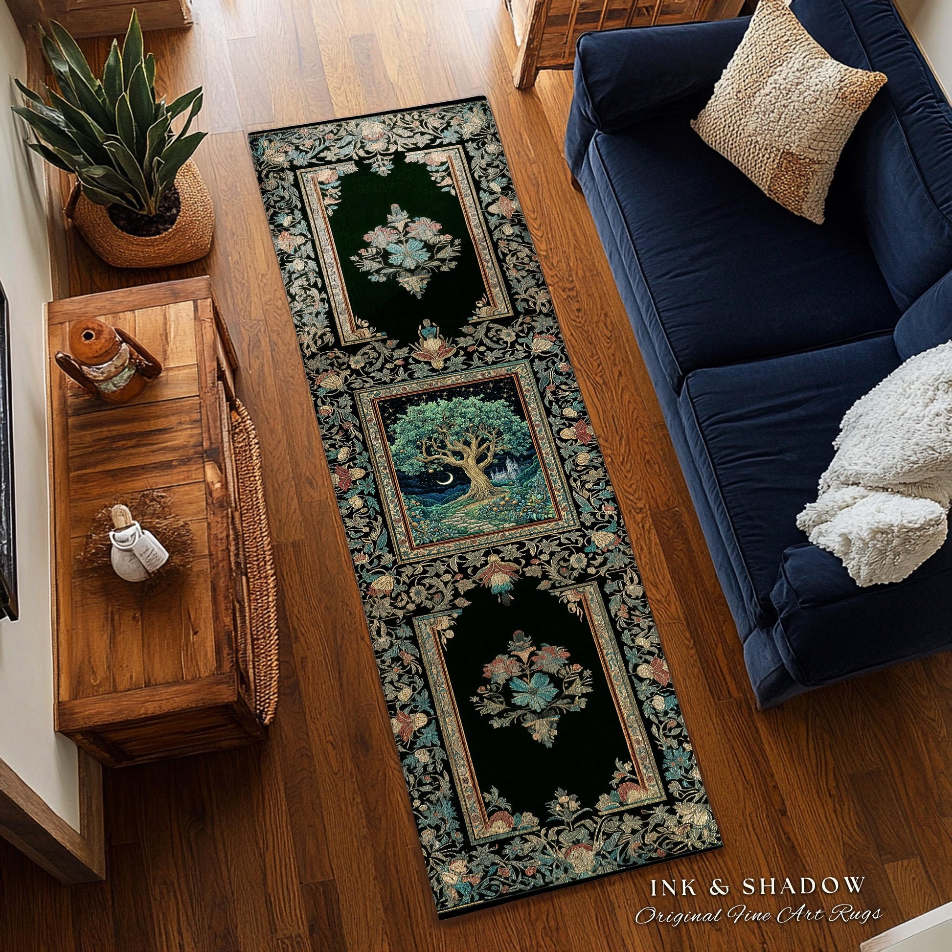 Fantasy Castle Tree of Life Area Rug | Celestial Moon Decor Star Garden Design Folklore Inspired Rug Enchanted Forest Medieval Home Style