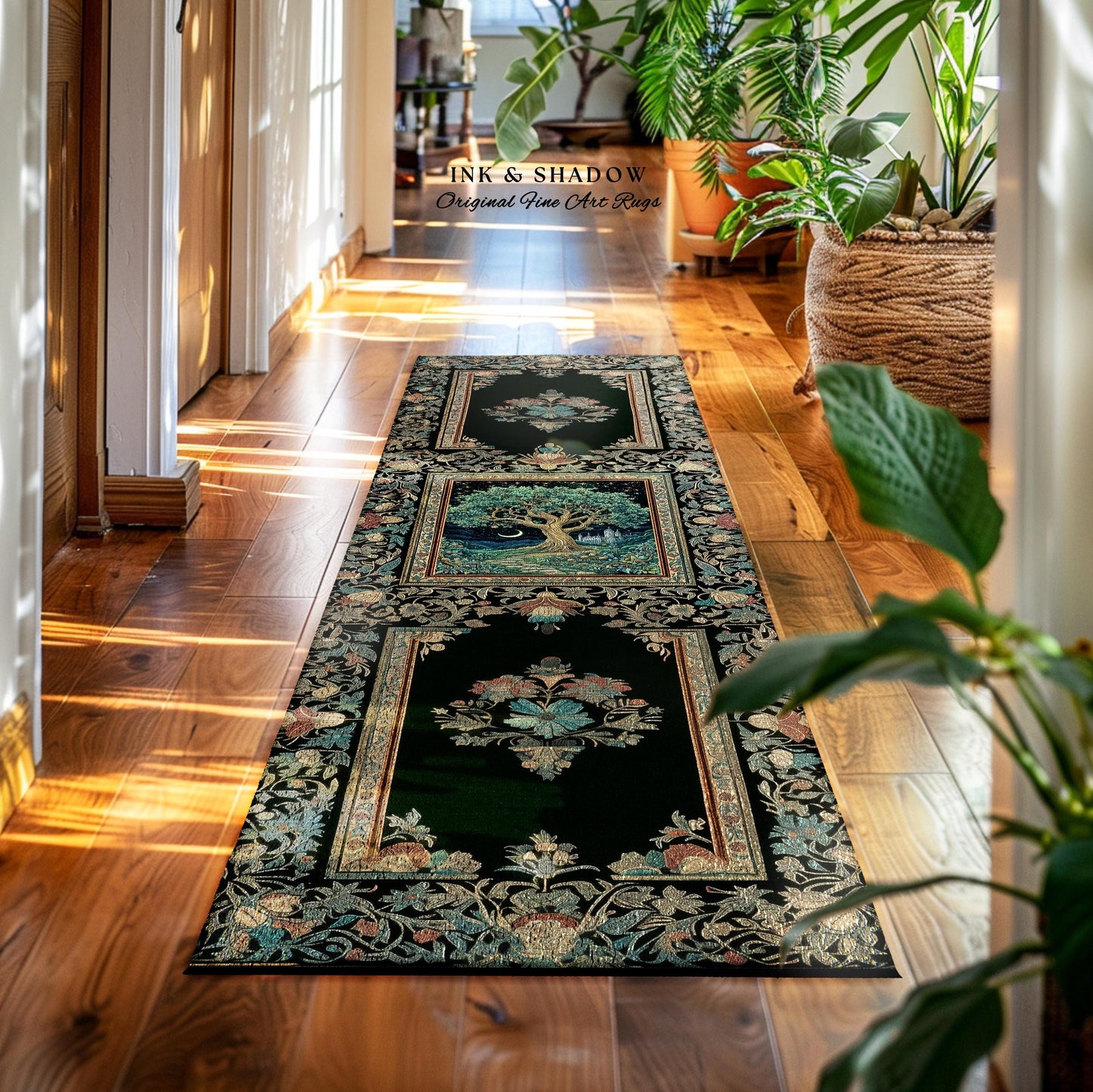Fantasy Castle Tree of Life Area Rug | Celestial Moon Decor Star Garden Design Folklore Inspired Rug Enchanted Forest Medieval Home Style