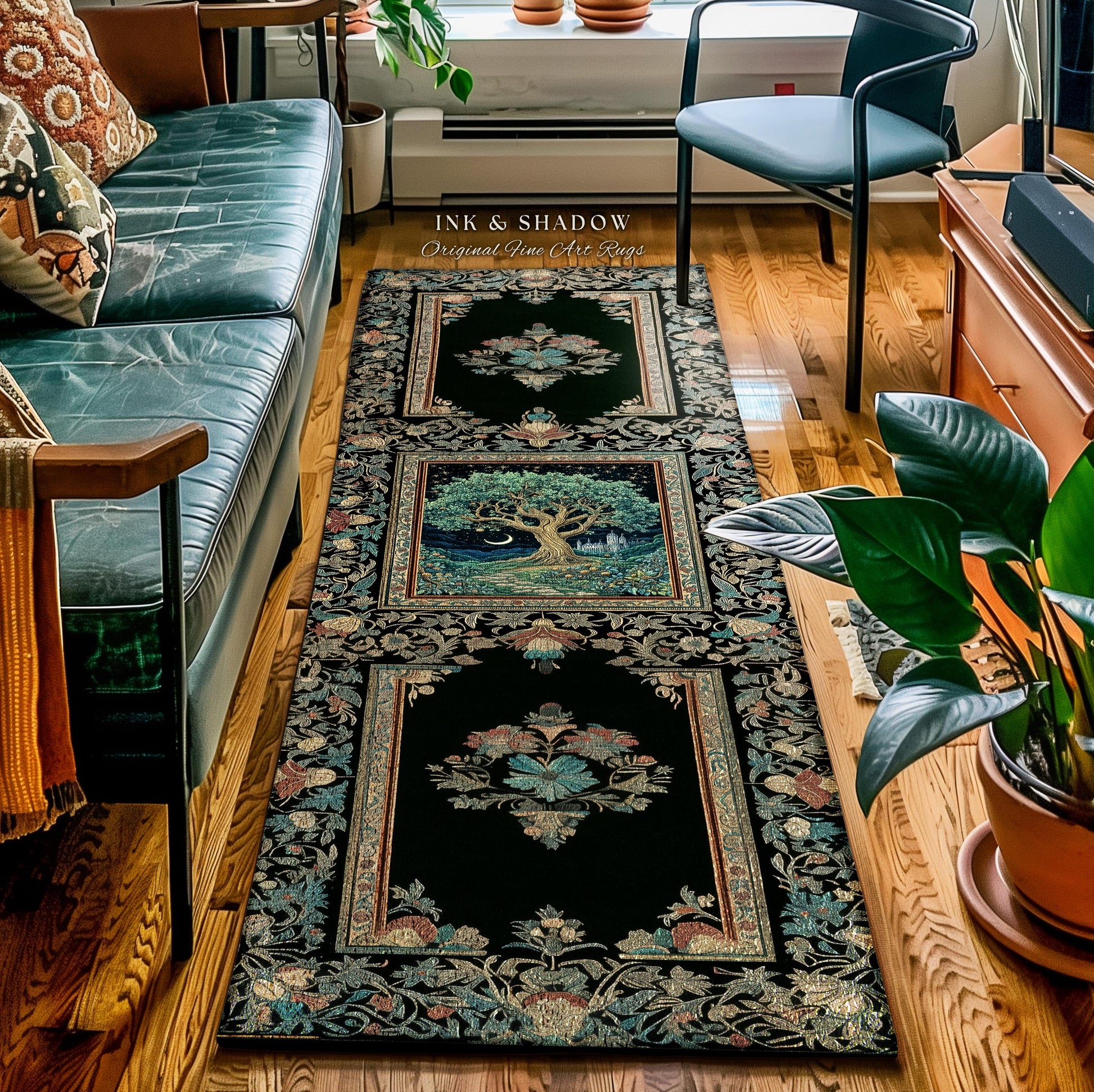 Fantasy Castle Tree of Life Area Rug | Celestial Moon Decor Star Garden Design Folklore Inspired Rug Enchanted Forest Medieval Home Style