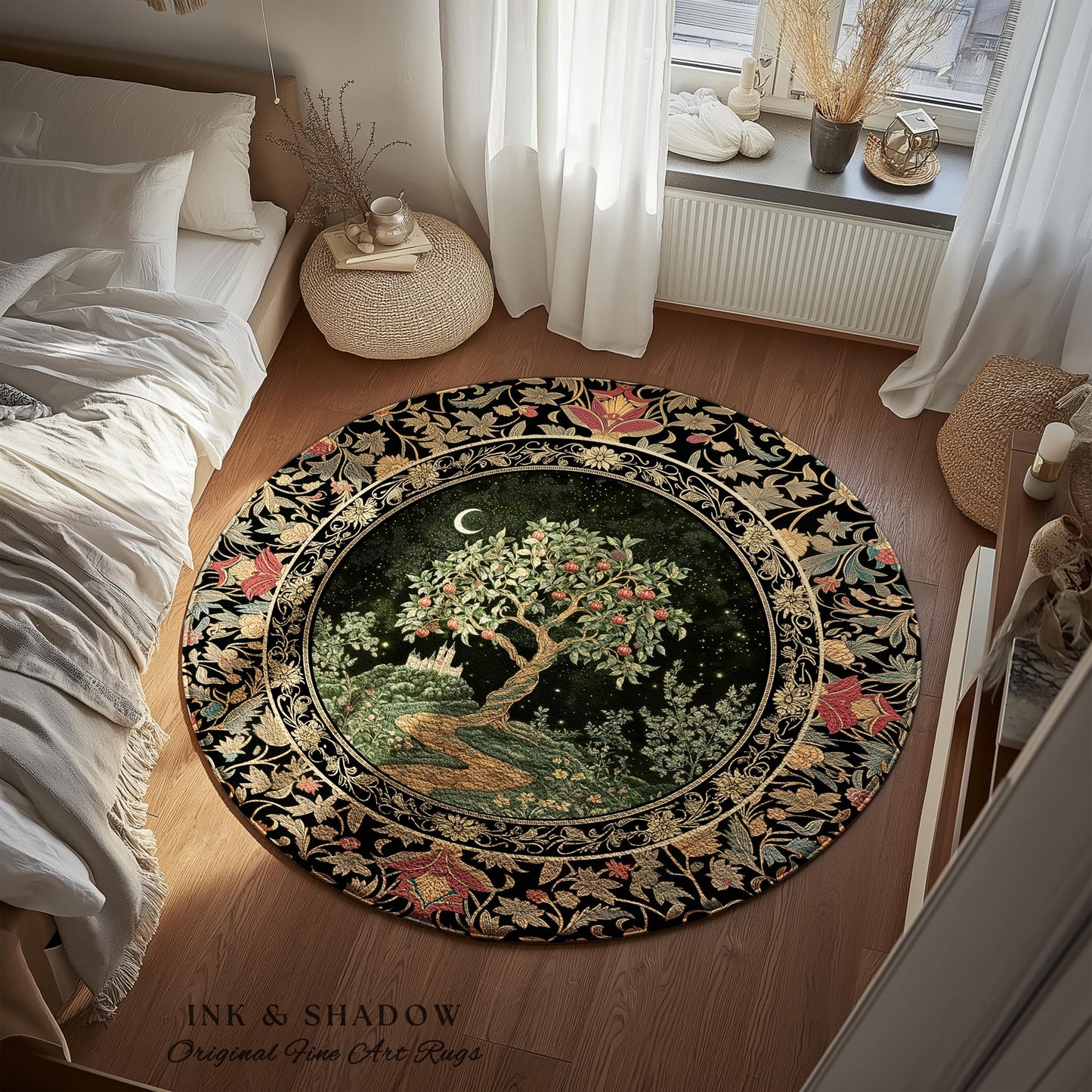 Moonlit Magic Whimsical Tree Area Rug | Celestial Forest Midnight Aesthetic Folklore Fairy Tale Decor Medieval Style Home Accent Celestial