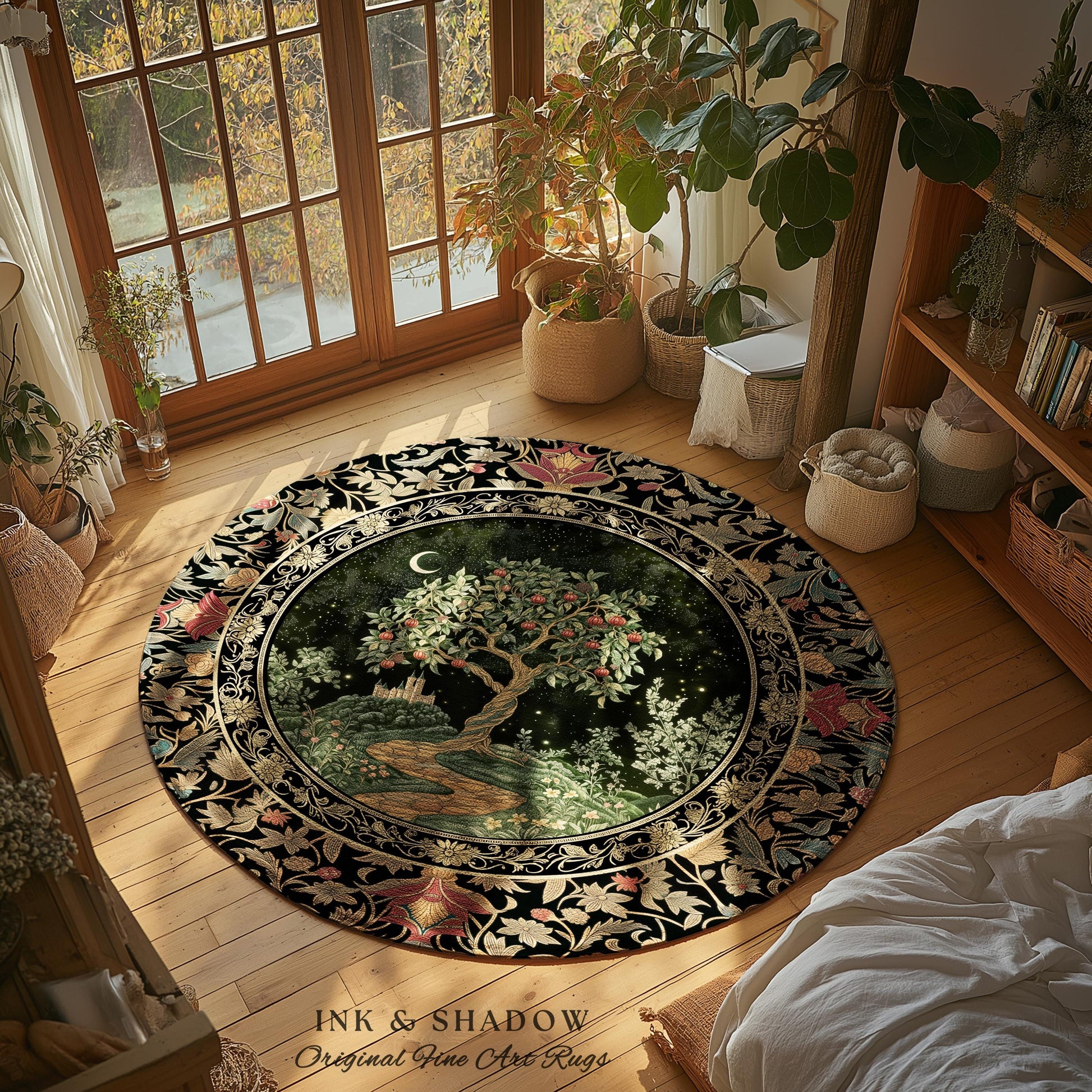 Moonlit Magic Whimsical Tree Area Rug | Celestial Forest Midnight Aesthetic Folklore Fairy Tale Decor Medieval Style Home Accent Celestial