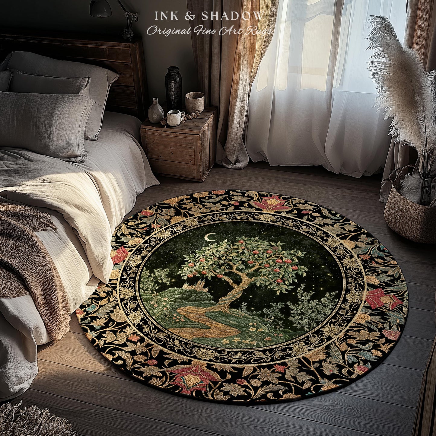 Moonlit Magic Whimsical Tree Area Rug | Celestial Forest Midnight Aesthetic Folklore Fairy Tale Decor Medieval Style Home Accent Celestial