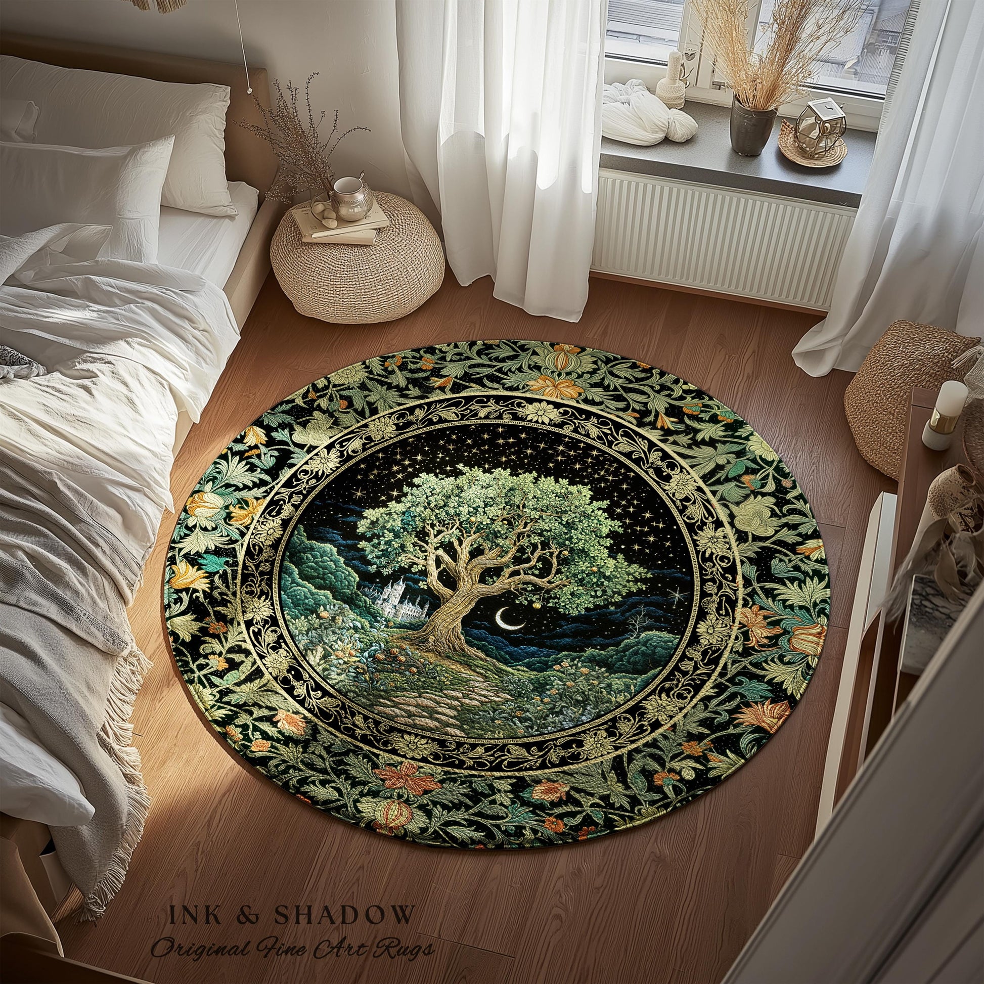 Fairytale Castle Tree of Life Area Rug | Celestial Forest Landscape Starry Sky Decor Witchy Home Aesthetic Mystical Cottagecore Accent Boho