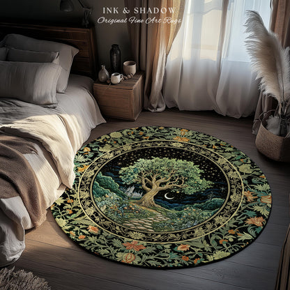Fairytale Castle Tree of Life Area Rug | Celestial Forest Landscape Starry Sky Decor Witchy Home Aesthetic Mystical Cottagecore Accent Boho