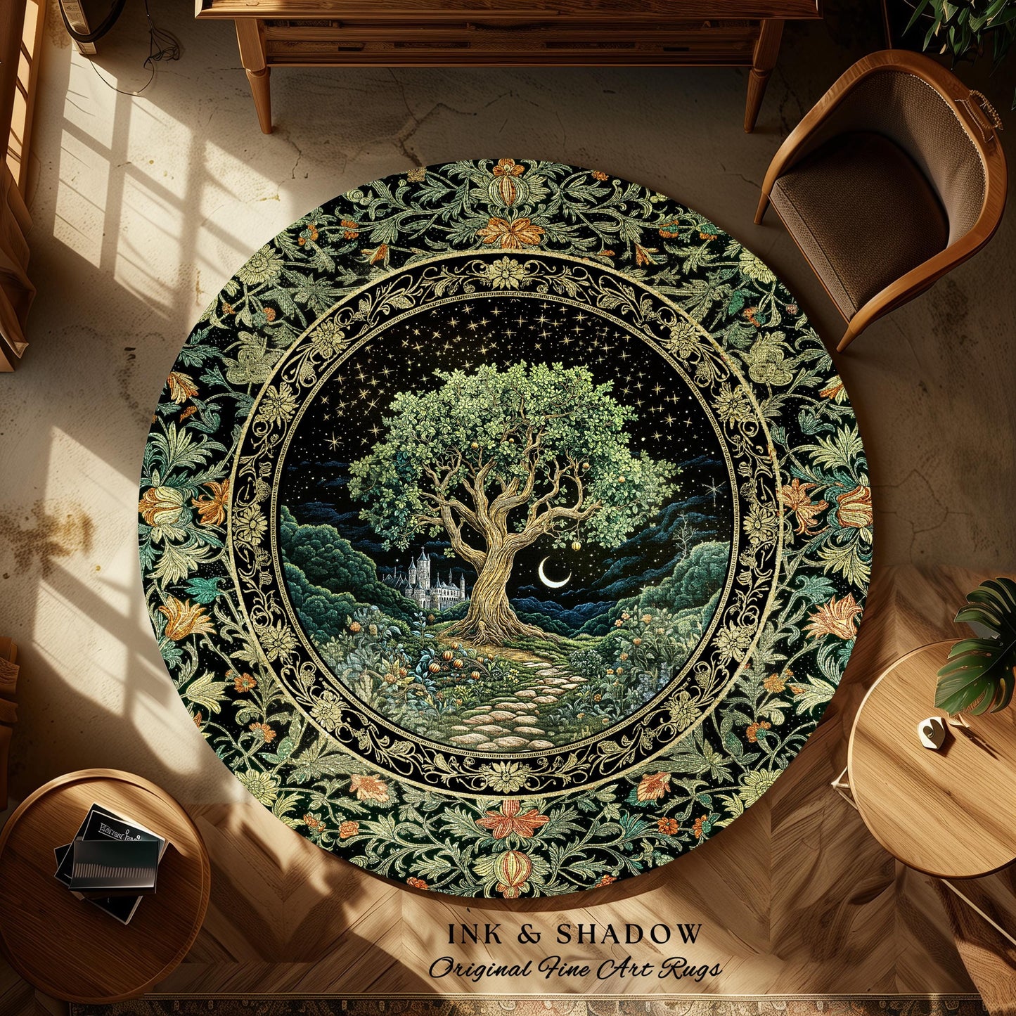 Fairytale Castle Tree of Life Area Rug | Celestial Forest Landscape Starry Sky Decor Witchy Home Aesthetic Mystical Cottagecore Accent Boho