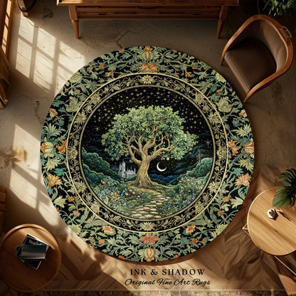 Fairytale Castle Tree of Life Area Rug | Celestial Forest Landscape Starry Sky Decor Witchy Home Aesthetic Mystical Cottagecore Accent Boho