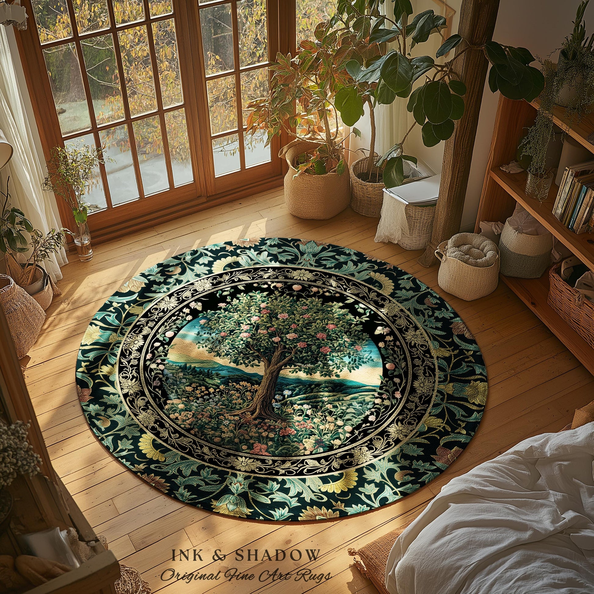 Countryside Sunset Tree of Life Rug | Elegant Floral Landscape Wildflower Decor Nature Inspired Cottagecore Home Accent Rug Storybook Vibe |