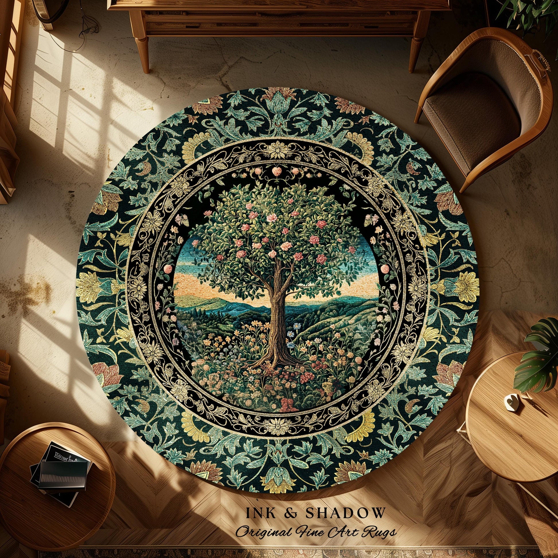 Countryside Sunset Tree of Life Rug | Elegant Floral Landscape Wildflower Decor Nature Inspired Cottagecore Home Accent Rug Storybook Vibe |