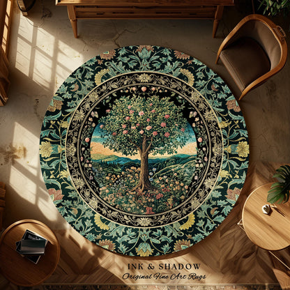 Countryside Sunset Tree of Life Rug | Elegant Floral Landscape Wildflower Decor Nature Inspired Cottagecore Home Accent Rug Storybook Vibe |