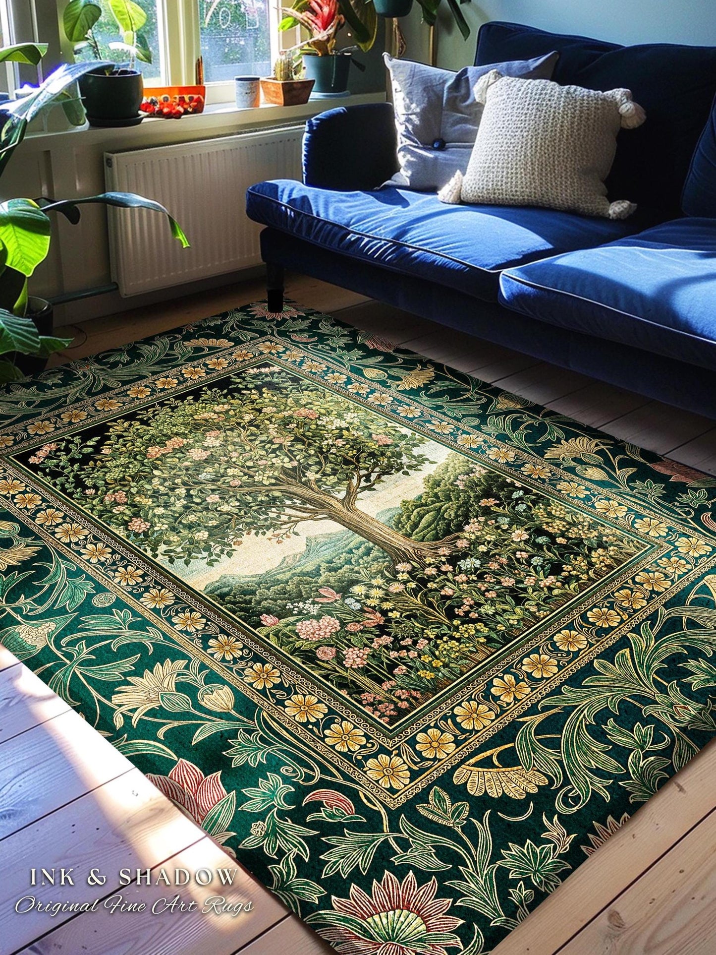 Pastoral Wildflower Garden Tree Area Rug | Floral Mountain Decor Romantic Landscape Home Accent Botanical Nature Rug Romantic Cottagecore |