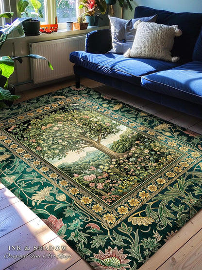 Pastoral Wildflower Garden Tree Area Rug | Floral Mountain Decor Romantic Landscape Home Accent Botanical Nature Rug Romantic Cottagecore |