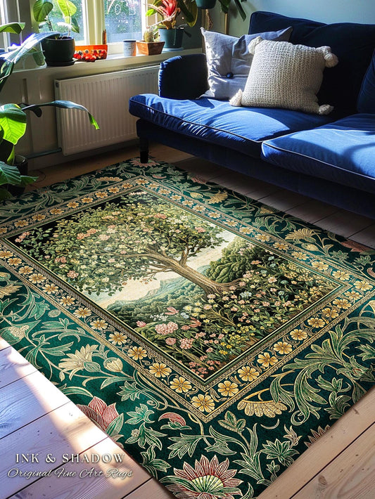 Pastoral Wildflower Garden Tree Area Rug | Floral Mountain Decor Romantic Landscape Home Accent Botanical Nature Rug Romantic Cottagecore |