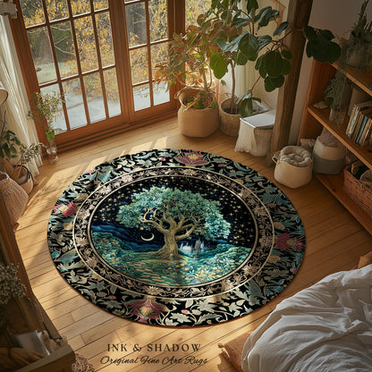 Fantasy Castle Tree of Life Area Rug | Celestial Moon Decor Star Garden Design Folklore Inspired Rug Enchanted Forest Medieval Home Style