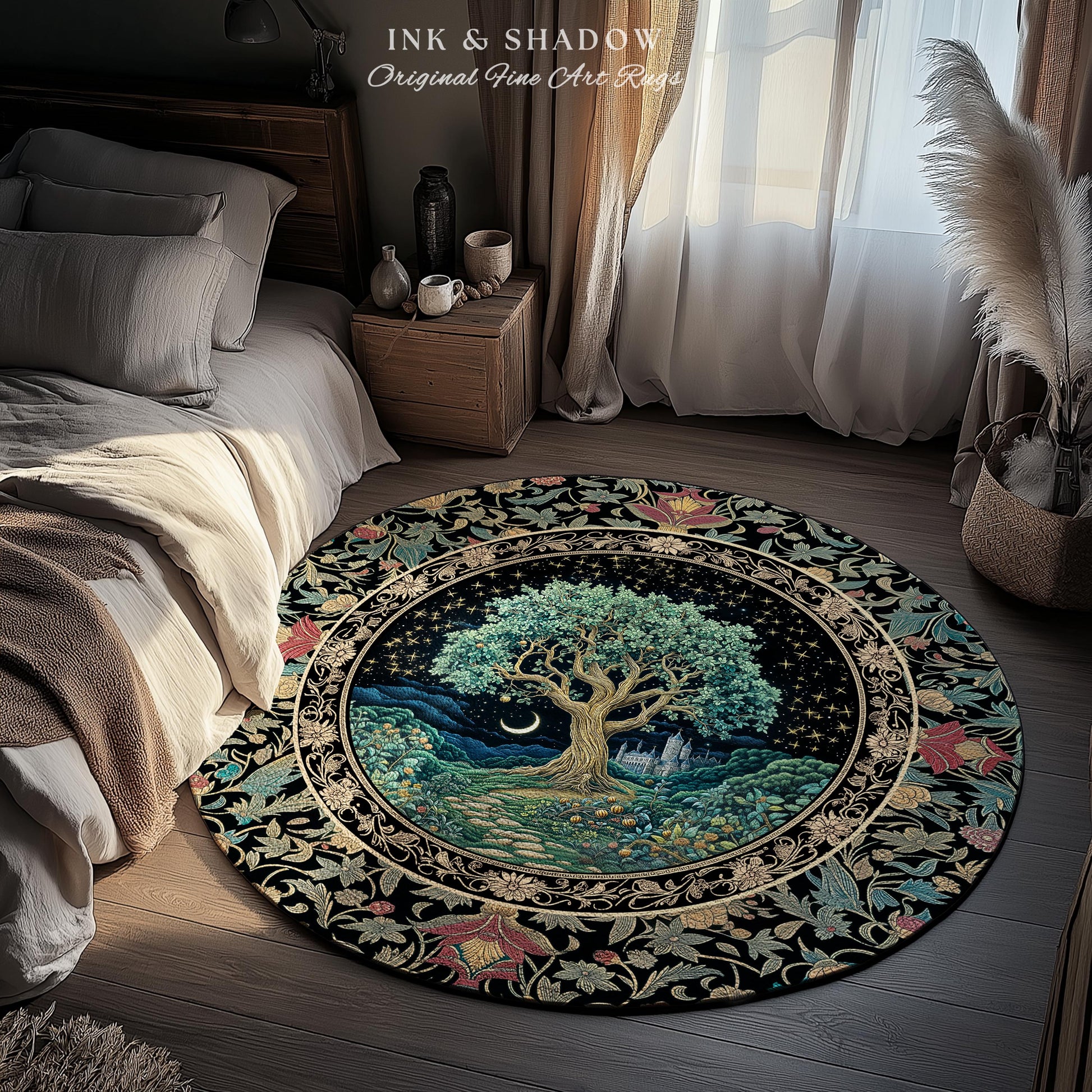 Fantasy Castle Tree of Life Area Rug | Celestial Moon Decor Star Garden Design Folklore Inspired Rug Enchanted Forest Medieval Home Style