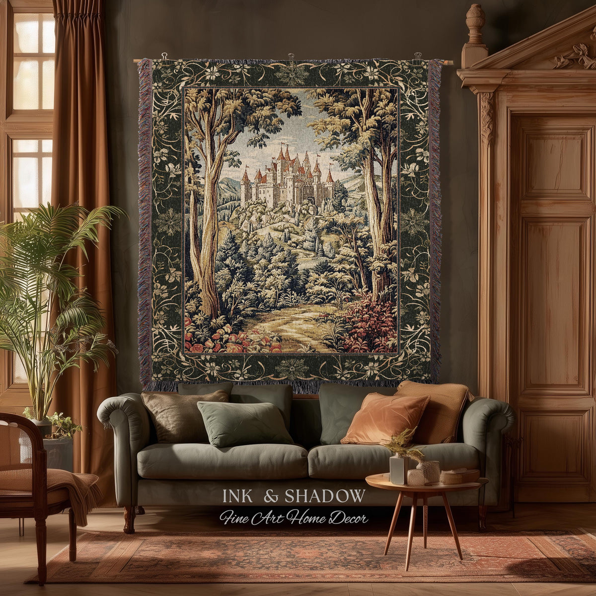 Mystic Castle Book Nook Tapestry Throw Ethereal Fairycore Folklore Aesthetic | Magical Woodland Botanical Blanket Dark Academia Indie Decor