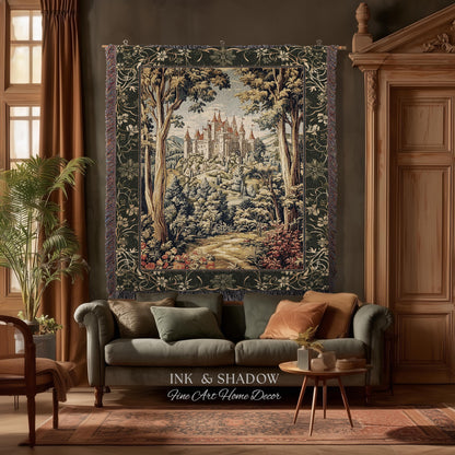 Mystic Castle Book Nook Tapestry Throw Ethereal Fairycore Folklore Aesthetic | Magical Woodland Botanical Blanket Dark Academia Indie Decor