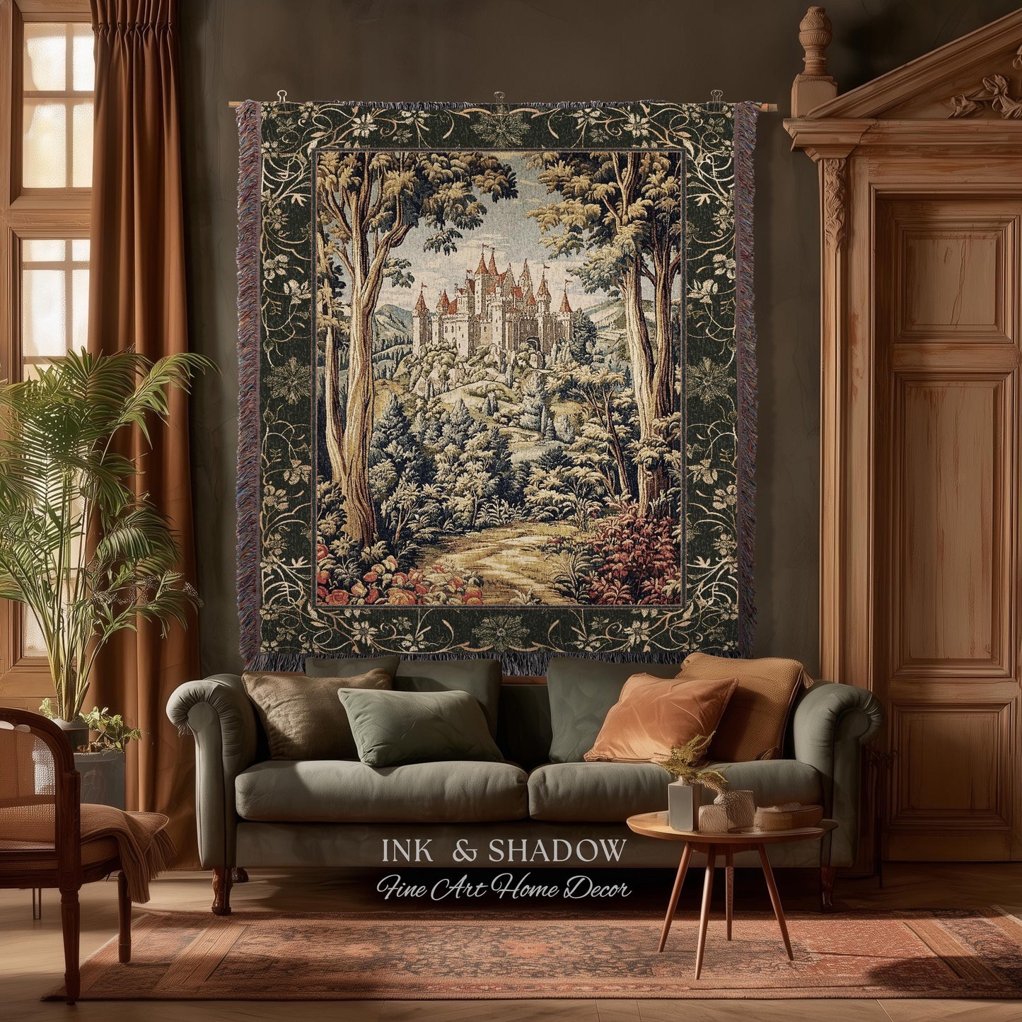 Mystic Castle Book Nook Tapestry Throw Ethereal Fairycore Folklore Aesthetic | Magical Woodland Botanical Blanket Dark Academia Indie Decor