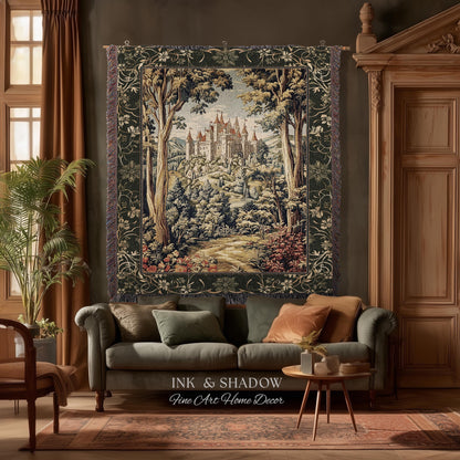 Mystic Castle Book Nook Tapestry Throw Ethereal Fairycore Folklore Aesthetic | Magical Woodland Botanical Blanket Dark Academia Indie Decor