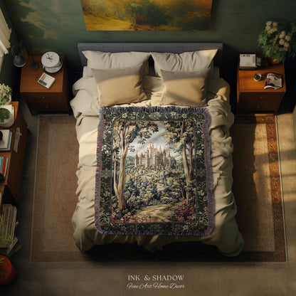 Mystic Castle Book Nook Tapestry Throw Ethereal Fairycore Folklore Aesthetic | Magical Woodland Botanical Blanket Dark Academia Indie Decor
