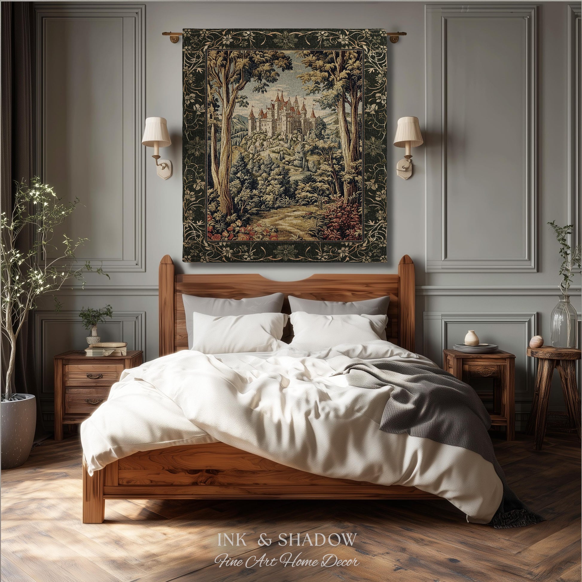 Mystic Castle Book Nook Tapestry Throw Ethereal Fairycore Folklore Aesthetic | Magical Woodland Botanical Blanket Dark Academia Indie Decor