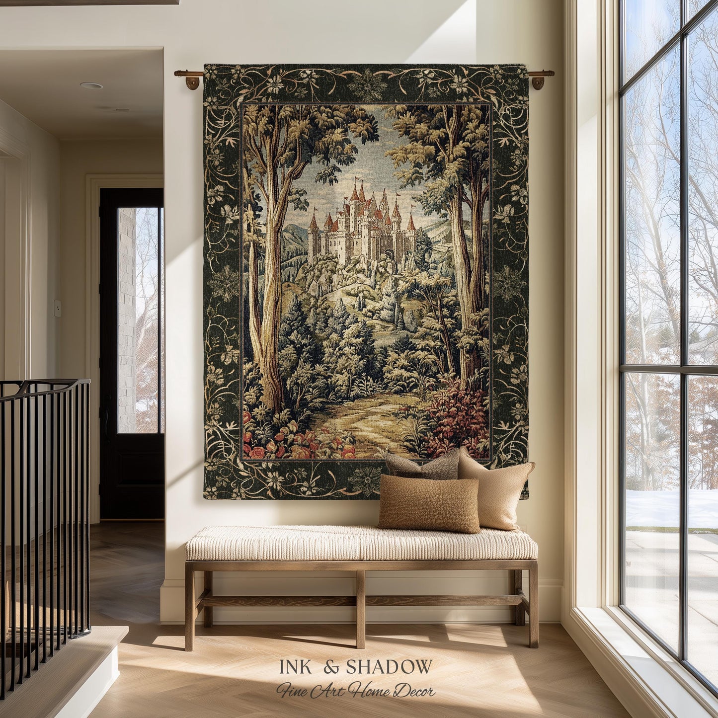 Mystic Castle Book Nook Tapestry Throw Ethereal Fairycore Folklore Aesthetic | Magical Woodland Botanical Blanket Dark Academia Indie Decor