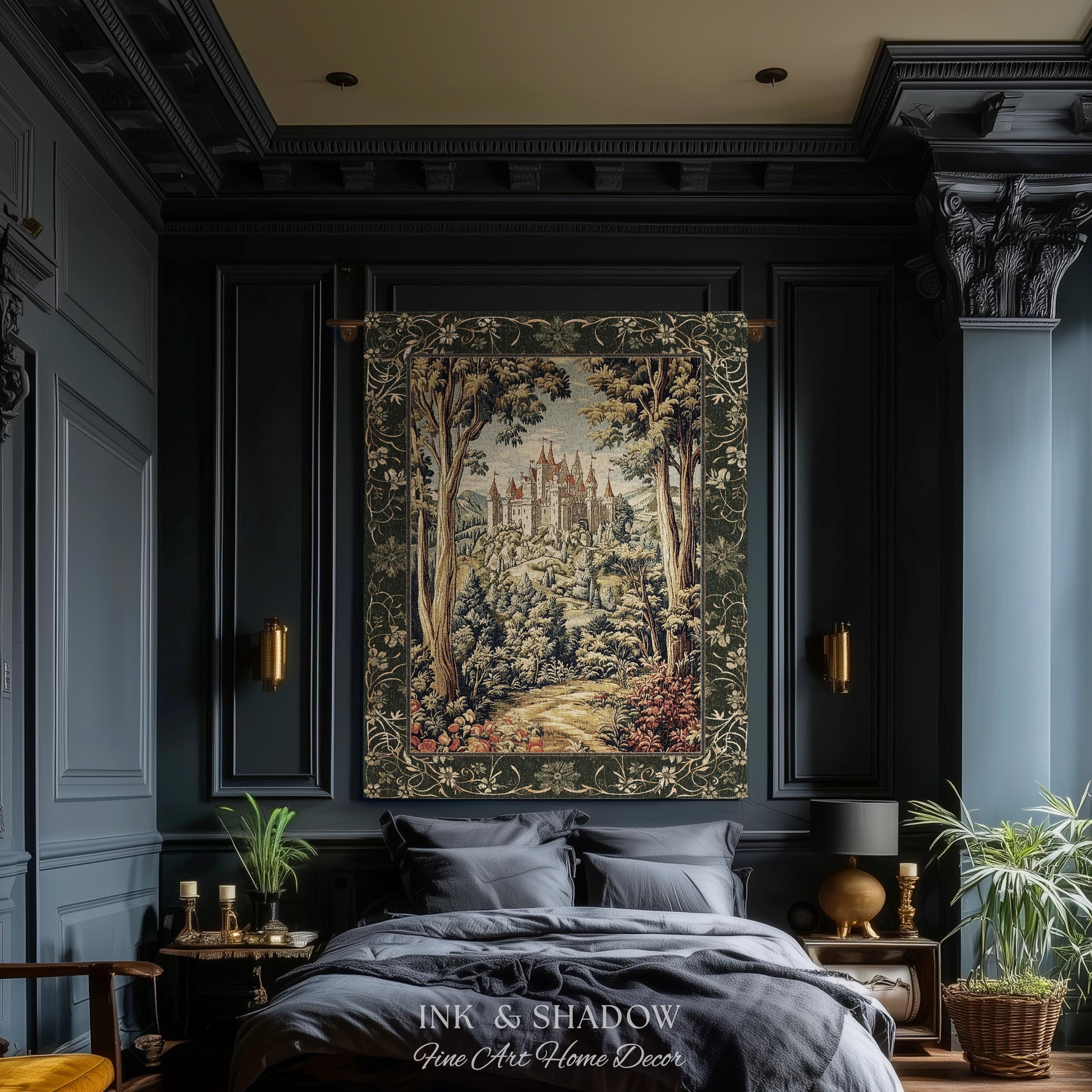 Mystic Castle Book Nook Tapestry Throw Ethereal Fairycore Folklore Aesthetic | Magical Woodland Botanical Blanket Dark Academia Indie Decor