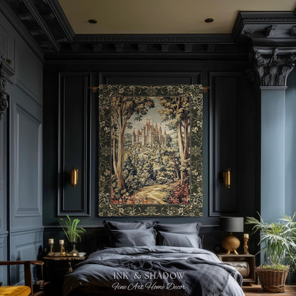 Mystic Castle Book Nook Tapestry Throw Ethereal Fairycore Folklore Aesthetic | Magical Woodland Botanical Blanket Dark Academia Indie Decor