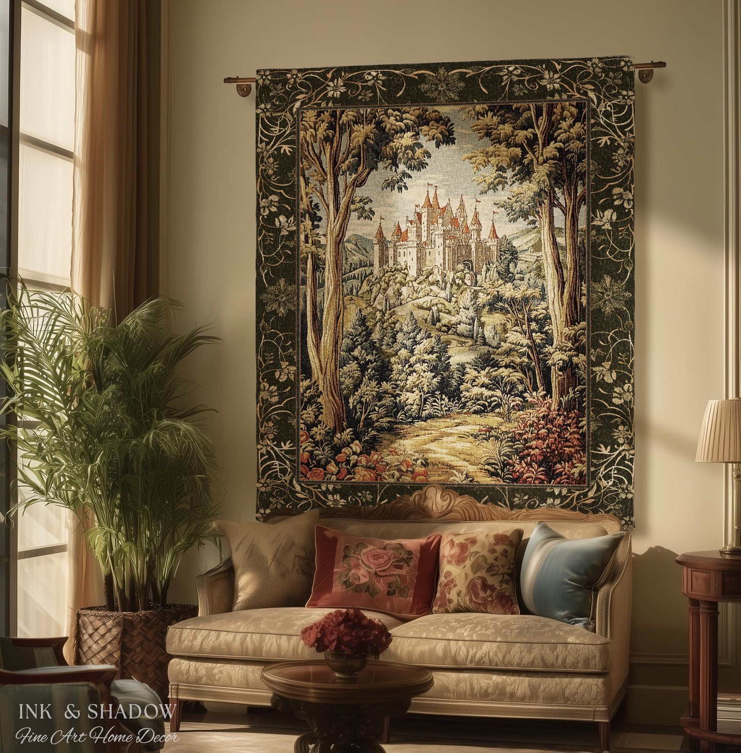 Mystic Castle Book Nook Tapestry Throw Ethereal Fairycore Folklore Aesthetic | Magical Woodland Botanical Blanket Dark Academia Indie Decor