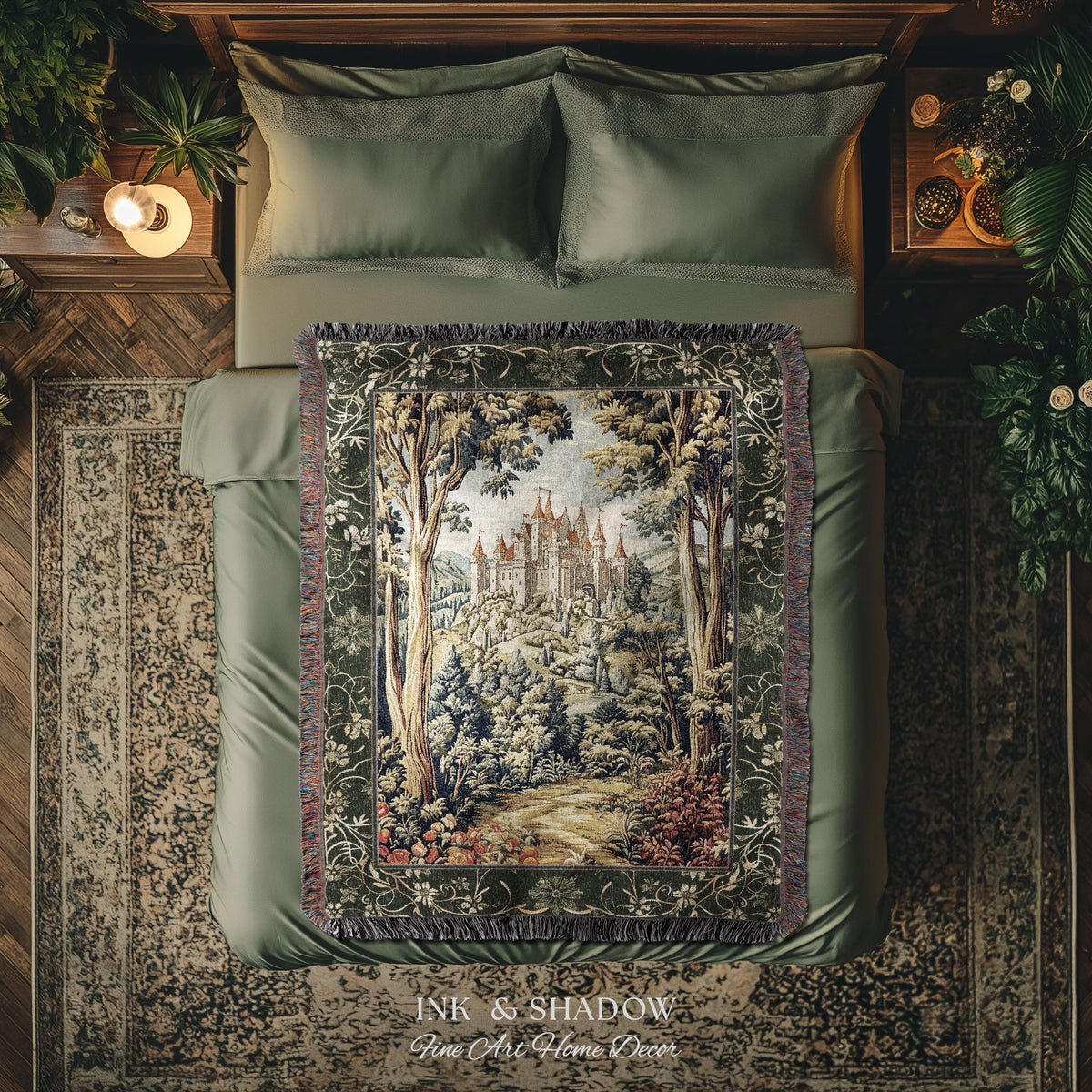 Mystic Castle Book Nook Tapestry Throw Ethereal Fairycore Folklore Aesthetic | Magical Woodland Botanical Blanket Dark Academia Indie Decor